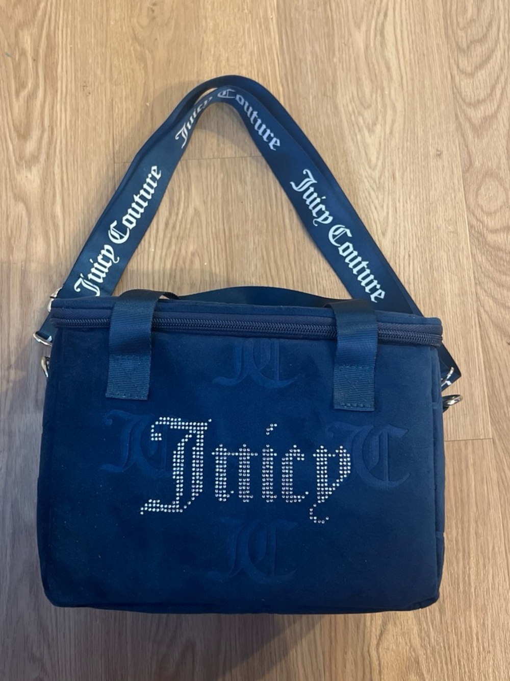 Juicy Couture Navy Velour Rhinestone Logo lunch box Shoulder Bag